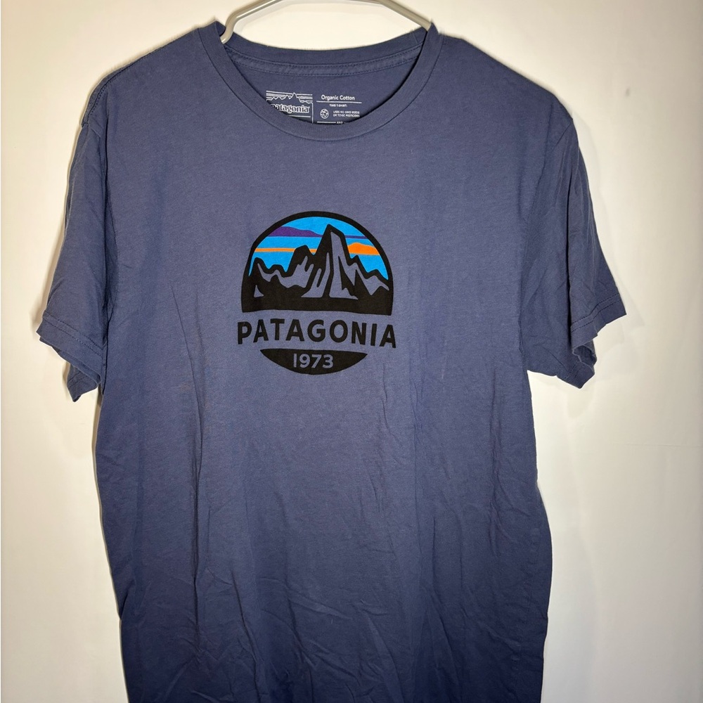 Patagonia Blue Short Sleeve Tee with Mountain Logo